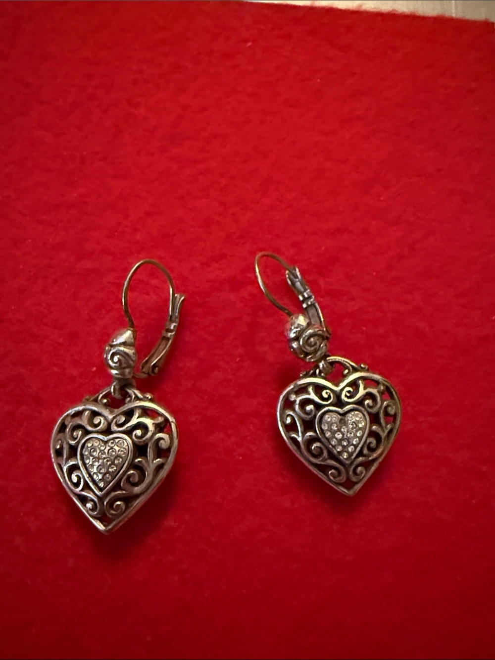 Vintage Brighton Silver Plated Filigree Heart Leverback Earrings - Pave Crystal